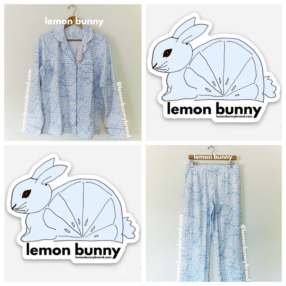 Roller Rabbit x LoveShackFancy Luna Bow Hearts Long Sleeve Polo Pajamas PaleBlue